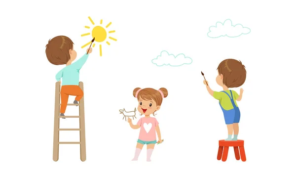 Cheerful Boy and Girl Drawing Sun and Clouds with Paint Brush on the Wall Vector Set — Stock Vector
