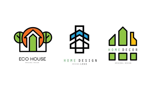Eco House Design Logo Templates Set, Imóveis, Empresa de Construção, Architect Bureau Green Badges Flat Vector Illustration — Vetor de Stock