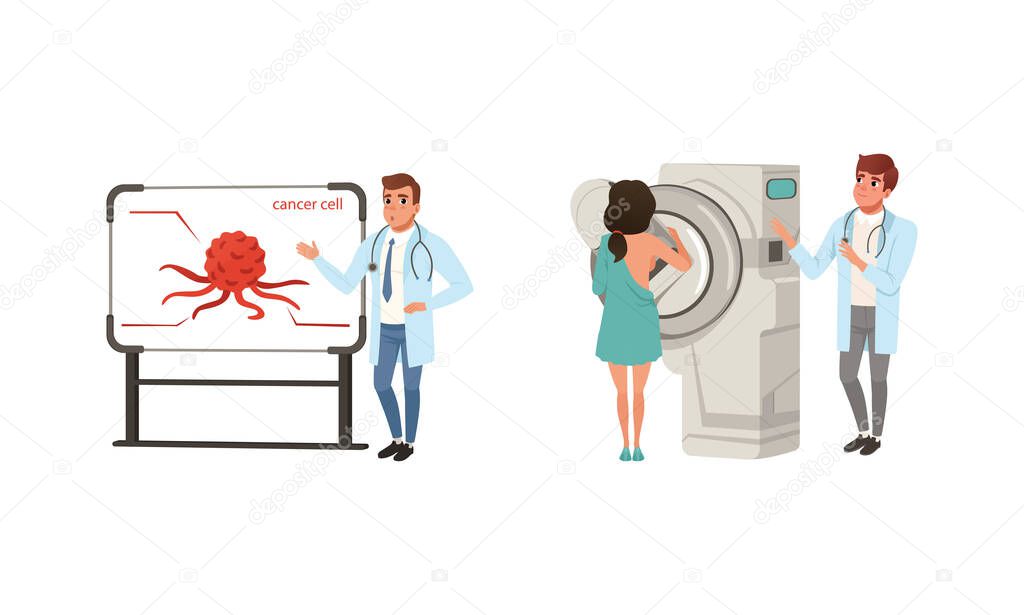 Man Doctor Demonstrating Cancer Cell and Woman Doing Fluorography Vector Set