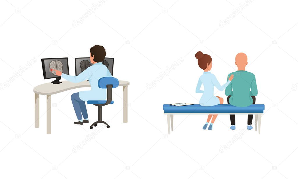 Man with Cancer Diagnosis Having Medical Check and Treatment Vector Set