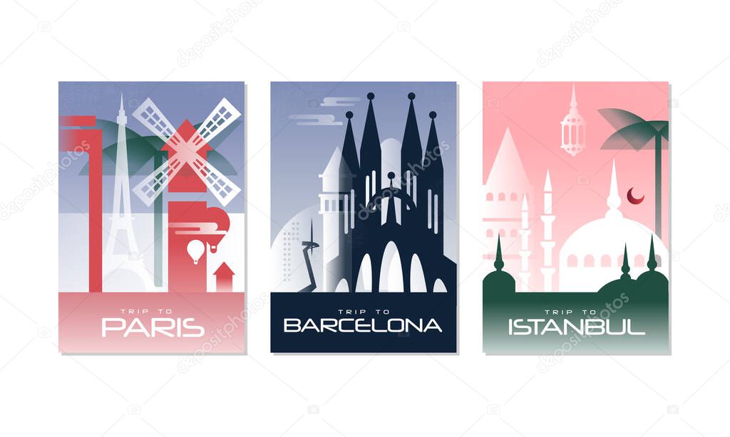 Travel the World Poster with Paris, Barcelona and Istanbul City View Vector Set