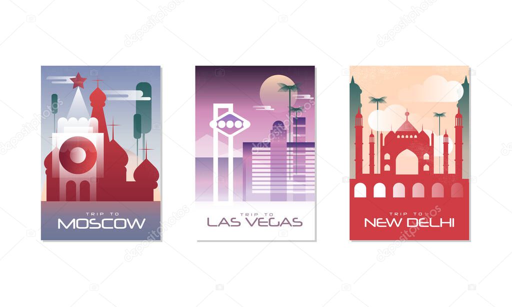 Travel the World Poster with Moscow, Las Vegas and New Delhi City View Vector Set