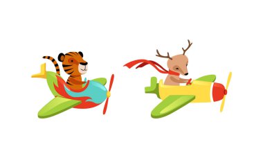 Funny Animals Aviating or Flying on the Airplane with Propeller Vector Set clipart