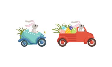 Little Bunny Driving Vehicle Carrying olored Easter Eggs Vector Set vector Little Bunny Driving Vehicle Carrying olored Easter Eggs Vector Set vector