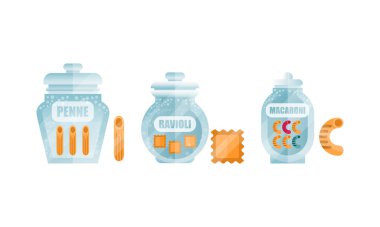 Cam kavanoz Dry Macaroni Ürünleri ile dolu Penne ve Ravioli Vector Set