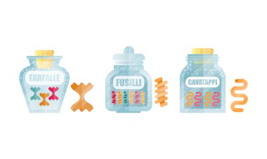 Cam kavanoz Dry Macaroni Ürünleriyle dolu Farfalle ve Fusilli Vektör Seti