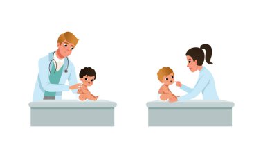 Erkek ve Kadın Pediyatrist veya Doktor Bebek Bakımı ve Muayene Vektörü Seti