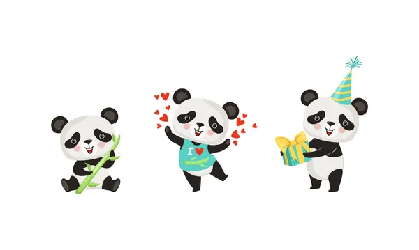 Happy Little Panda sosteniendo el palo de bambú y el conjunto de vectores de caja de regalo envuelto — Vector de stock