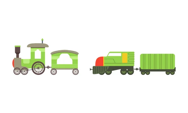 Brinquedo Comboio colorido ou locomotiva como veículo de transporte ferroviário com conjunto de vetor de vagão — Vetor de Stock