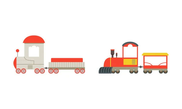 Bright Toy Train or Locomotive Models as Rail Transport Vehicle with Wagon Vector Set — Stock Vector