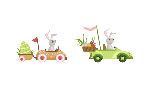 Little Bunny Driving Vehicle Het dragen van gekleurde paaseieren vectorset — Stockvector