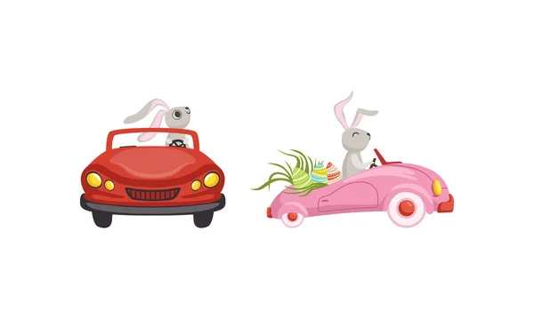 Pequeno veículo de condução de coelho transportando olored Easter Eggs Vector Set — Vetor de Stock