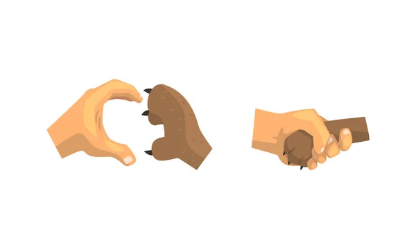 Dog Paw en Human Hand Gesturing Clutching en schudden handen Vector Set — Stockvector