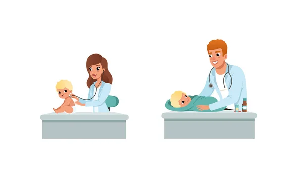 Man en vrouw Kinderarts of medische arts uitvoeren van Baby Checkup en Onderzoek Vector Set — Stockvector