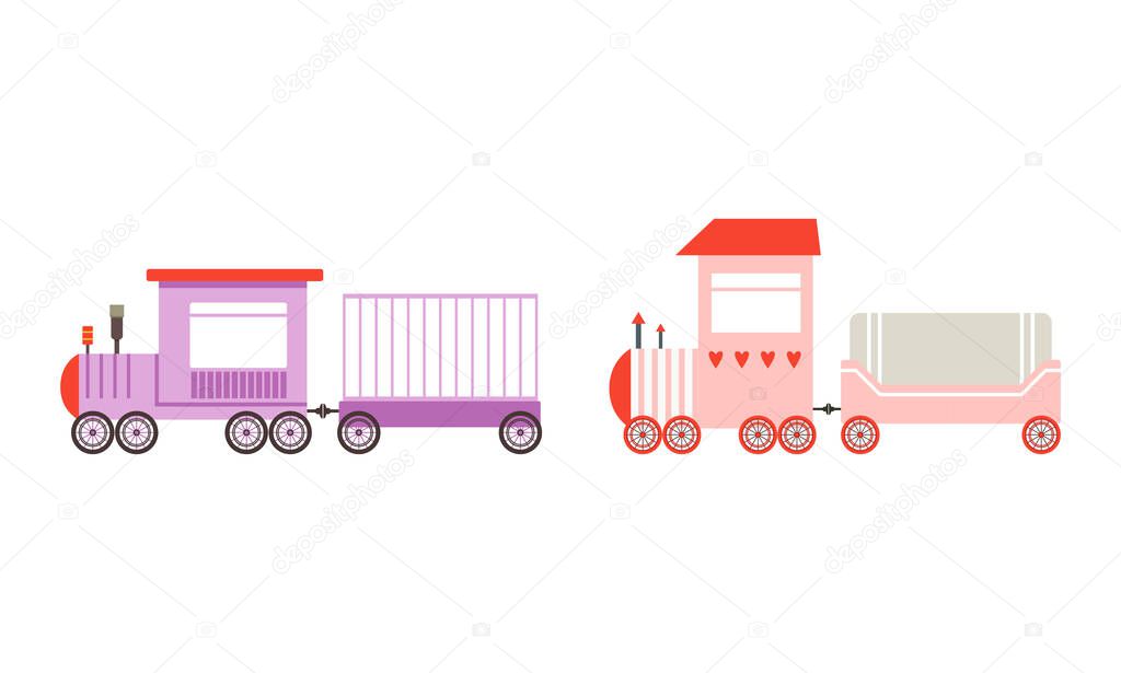 Toy Colorful Train or Locomotive as Rail Transport Vehicle with Wagon Vector Set