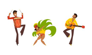 Brezilya Samba Dansçısı Parlak Tüylü Dansçı ve Müzisyen Davul Çalıyor ve Gitar Vector Set