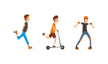 Neşeli adam paten kayıyor ve sokak vektör seti boyunca scooter sürüyor.