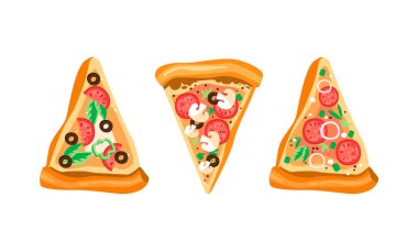 Domates, Potherb ve Mantar Mantarlı Pizza Dilimleri Görünüm vektörünün Üzerinde