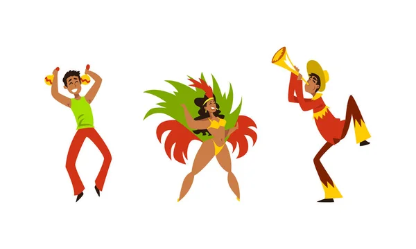 Brazilian Samba Dancer in Bright Feathered Costume and Musician Playing Maraca and Trumpet Vector Set — Stock Vector