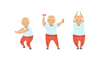 Gri saçlı yaşlı adam fiziksel egzersiz yapıyor. Gergin vektör seti.