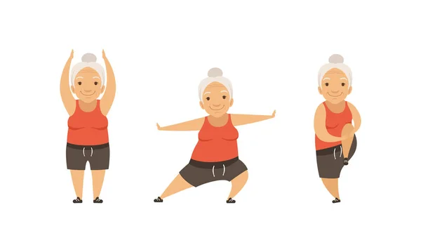 Gri saçlı yaşlı kadın fiziksel egzersiz yapıyor. Gergin vektör seti. — Stok Vektör