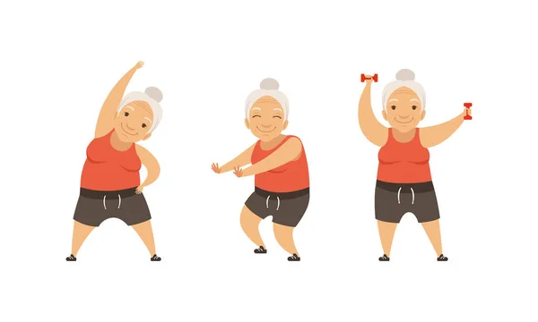 Ηλικιωμένη γυναίκα με γκρίζα μαλλιά κάνει σωματικές ασκήσεις τεντώνοντας Vector Set — Διανυσματικό Αρχείο