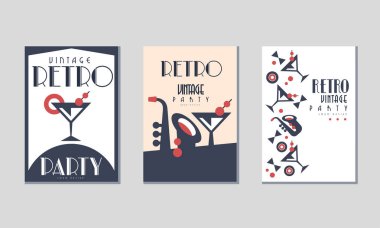 Vitrinde Kokteyl ve Caz Müzikal Enstrümanlar Ayarlı Retro Parti Davetiyeleri