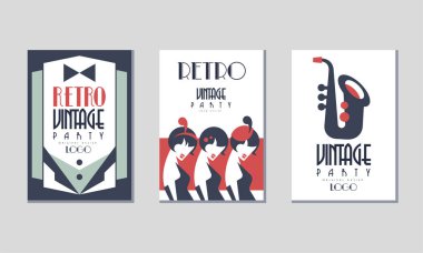 Retro Parti Davetiye Kartları Akşam Yemeği Ceketi ve Saksafon Vektörü Ayarları