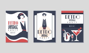 Siyah Elbise Vektörlü Kadın ve Saksafonlu Retro Parti Davetiyeleri