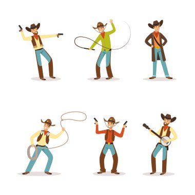 Geleneksel Giysilerdeki Kovboylar Kement atıyor, Amerikan Batı Karakterleri Çizgi Filmi Vektör İllüzyonu