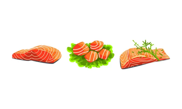 Fresh Salmon Fish Fillet and Slabs on Green Lettuce Lesf as Seafood Product Vector Set — стоковий вектор