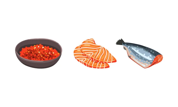 Fresh Salmon Fish Fillet and Red Caviar in Bowl as Seafood Product Vector Set — Stock Vector