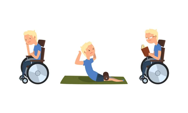 Blonder Mann mit Behinderung im Rollstuhl liest Buch und macht Bewegungsvektorset — Stockvektor