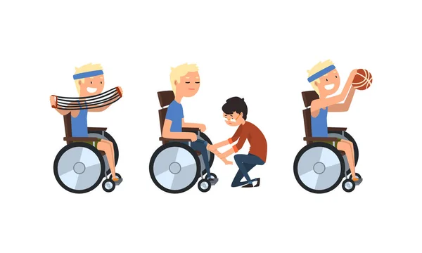 Homme blond handicapé en fauteuil roulant Renforcer les muscles Faire de l'exercice physique Ensemble vectoriel — Image vectorielle