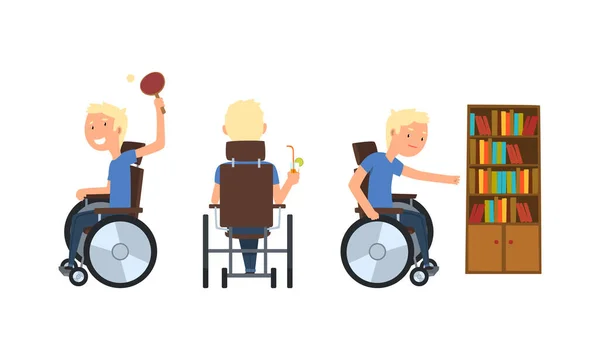 Homme blond handicapé en fauteuil roulant jouant au tennis de table et buvant ensemble vectoriel cocktail — Image vectorielle