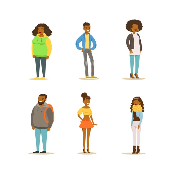 Gente afroamericana allegra. Ritratti a figura intera di uomini e donne vestiti casual cartoni animati illustrazione vettoriale — Vettoriale Stock
