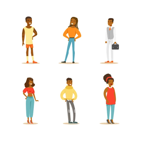 Set di persone afroamericane. Uomini e donne allegri Personaggi Vestito stile ufficio Smart Suit e abbigliamento casual Cartoon Vector Illustrazione — Vettoriale Stock