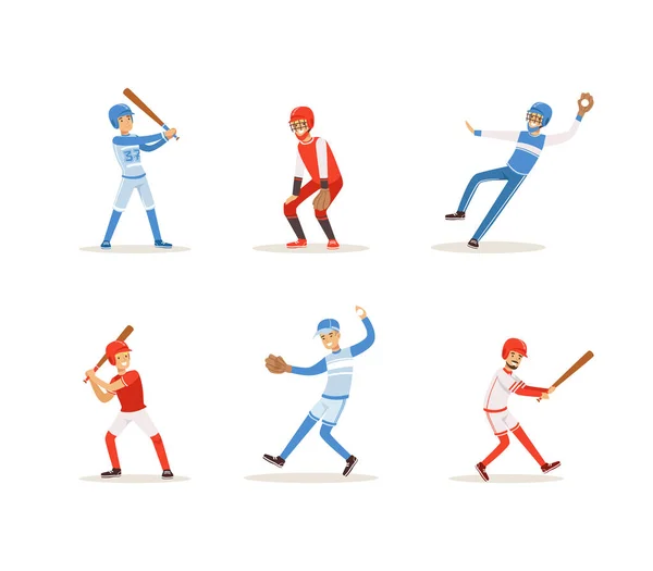 Set di giocatori di baseball, allegri personaggi degli atleti di softball in uniforme in diverse pose illustrazione vettoriale del fumetto — Vettoriale Stock