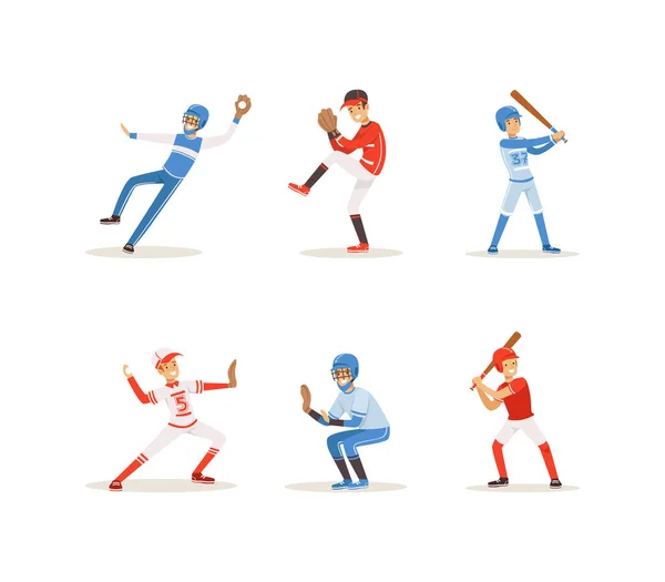 Set di giocatori di baseball, allegri personaggi degli atleti di softball in uniforme rossa e blu illustrazione vettoriale del fumetto — Vettoriale Stock