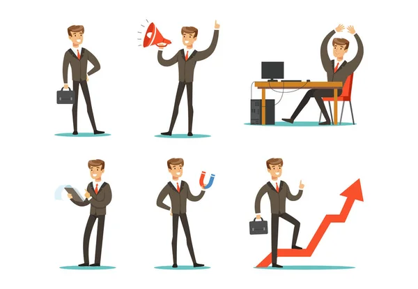 Podnikatel pracující v Office Set, veselý šéf nebo zaměstnanec v práci Cartoon Vector Illustration — Stockový vektor