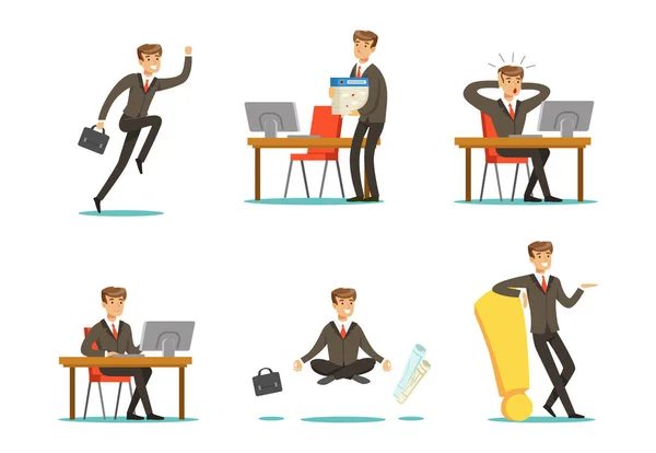 Podnikatel pracující v Office Set, zaneprázdněný šéf nebo zaměstnanec kanceláře v práci Cartoon Vector Illustration — Stockový vektor