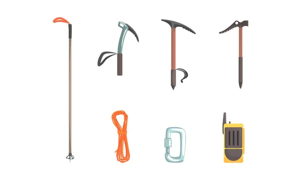 Bergsteigerzubehör Set, Kletterausrüstung, Eisachse, Kabel, Karabiner, Radiosender Cartoon Vector Illustration — Stockvektor