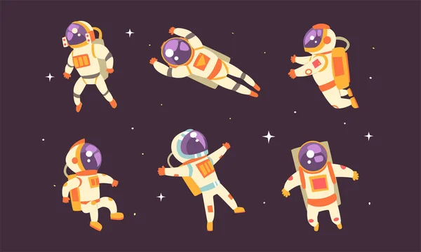 Astronauti galleggianti nello spazio, astronauta in tuta spaziale che esegue attività extraveicolare Illustrazione vettoriale — Vettoriale Stock