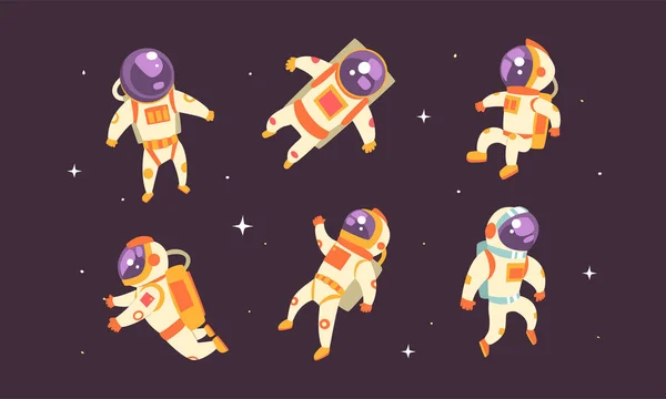 Astronauts in Spacesuits Floating in Outer Space Set, Spaceman Performing Extravehicular Activity on Backgound of Stars Vector Illustration — Stock Vector