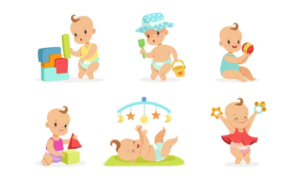 Juego de diferentes actividades para bebés bebés, Adorables bebés y niñas jugando juguetes Dibujos animados Vector Ilustración — Vector de stock