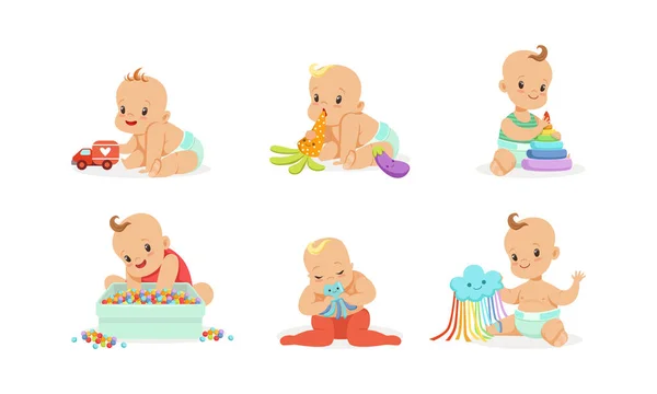 Baby Baby Verschillende Activiteiten Set, Sweet Baby Jongens en Meisjes Spelen met Kleurrijke Speelgoed Cartoon Vector Illustratie — Stockvector