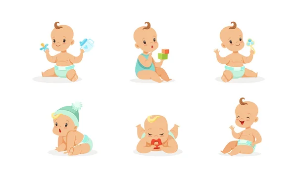 Conjunto de diferentes actividades para bebés bebés, Adorables bebés y niñas jugando juguetes, Juegos de primer año y desarrollo ilustración vectorial de dibujos animados — Vector de stock