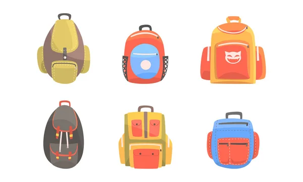 Barevné školní batohy kolekce. Školní taška pro vzdělávací potřeby, sportovní a cestovní taška Cartoon Vector Illustration — Stockový vektor