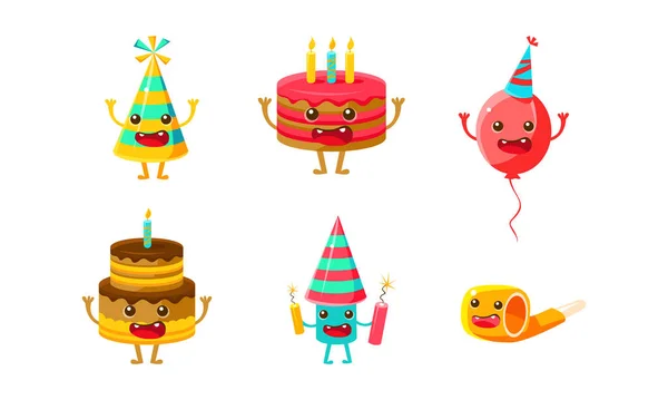 Narozeniny Party objekty Cartoon Characters Set, Happy Funny Party Klobouk, Dort, Flapper, Balón vektorové ilustrace — Stockový vektor