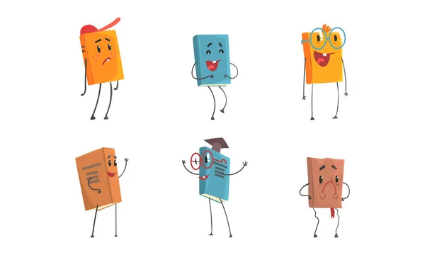 Lindo conjunto de personajes de libro, divertidos libros de texto humanizados con diferentes emociones ilustración de vectores de dibujos animados — Vector de stock